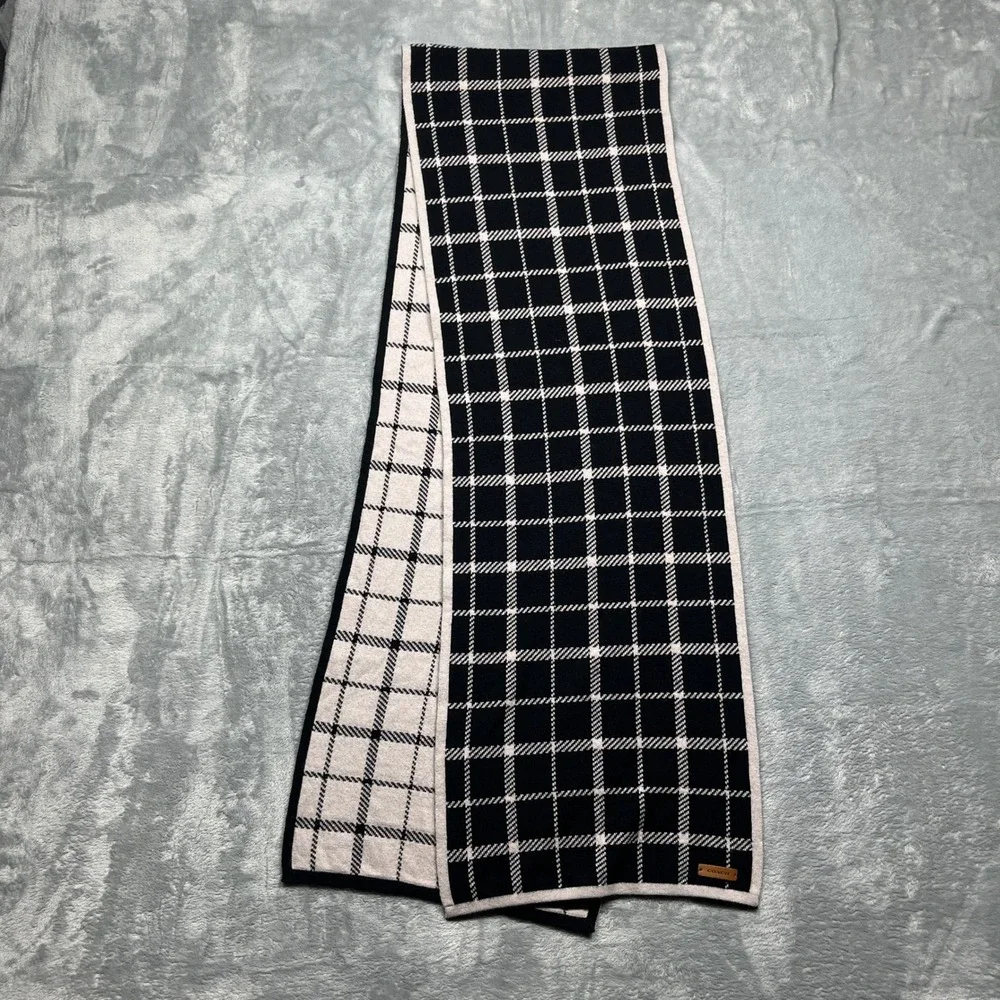 Coach‎ Scarf Black Ivory Reversible Plaid Wool Cotton Knit Leather Logo